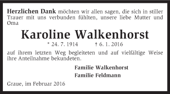 Traueranzeige von Karoline Walkenhorst von KRZ