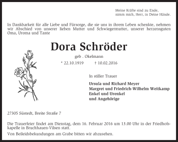 Traueranzeige von Dora Schröder von KRZ