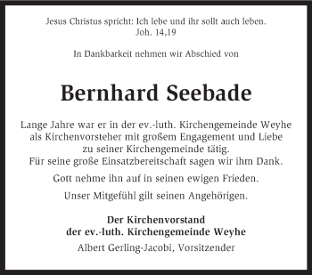 Traueranzeige von Bernhard Seebade von KRZ