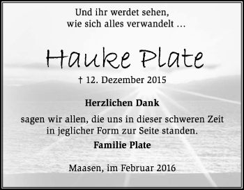 Traueranzeige von Hauke Plate von KRZ