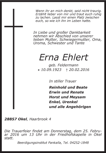 Traueranzeige von Erna Ehlert von KRZ