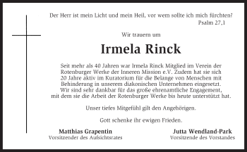 Traueranzeige von Irmela Rinck von KRZ