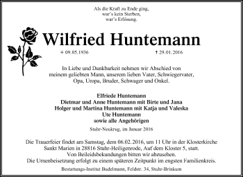 Traueranzeige von Wilfried Huntemann von KRZ