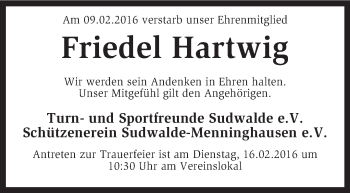 Traueranzeige von Friedel Hartwig von KRZ