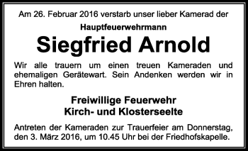 Traueranzeige von Siegfried Arnold von KRZ