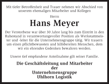 Traueranzeige von Hans Meyer von KRZ