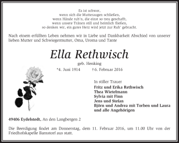 Traueranzeige von Ella Rethwisch von KRZ