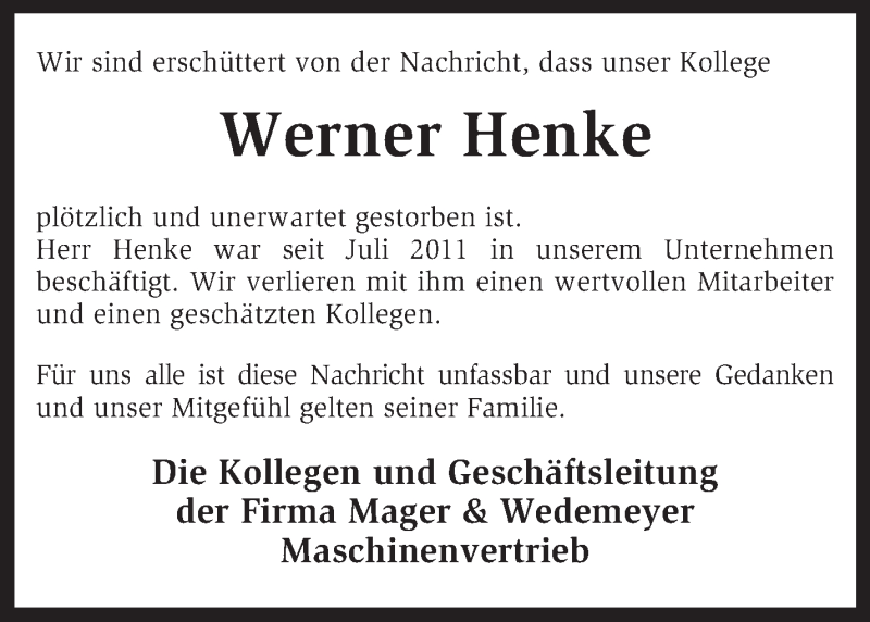  Traueranzeige für Werner Henke vom 19.02.2016 aus KRZ