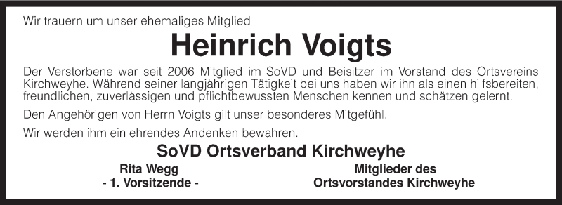  Traueranzeige für Heinrich Voigts vom 09.02.2016 aus KRZ