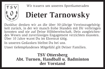 Traueranzeige von Dieter Tarnowsky von KRZ