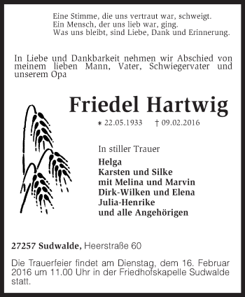 Traueranzeige von Friedel Hartwig von KRZ