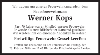 Traueranzeige von Werner Kops von KRZ