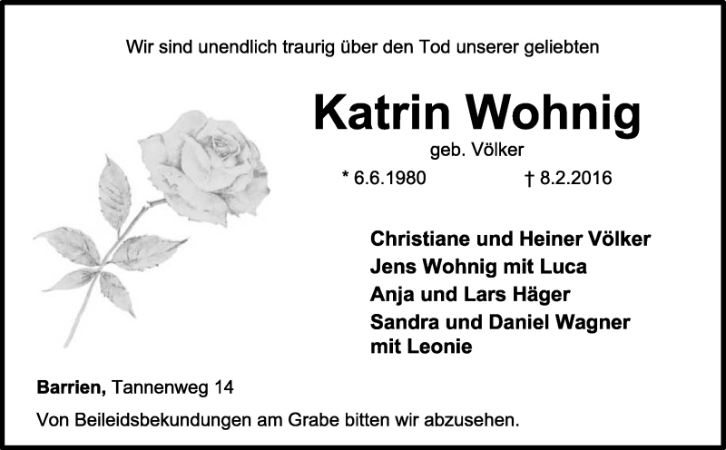  Traueranzeige für Katrin Wohnig vom 12.02.2016 aus KRZ