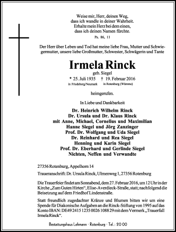 Traueranzeige von Irmela Rinck von KRZ
