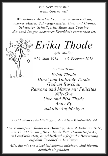 Traueranzeige von Erika Thode von KRZ