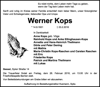 Traueranzeige von Werner Kops von KRZ