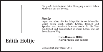 Traueranzeige von Edith Höltje von KRZ