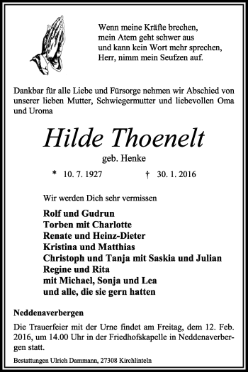 Traueranzeige von Hilde Thoenelt von KRZ