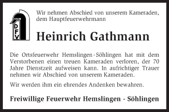 Traueranzeige von Heinrich Gathmann von KRZ