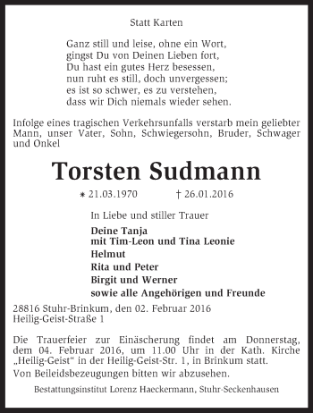 Traueranzeige von Torsten Sudmann von KRZ