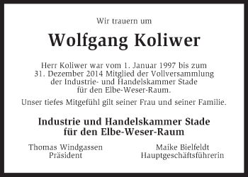 Traueranzeige von Wolfgang Koliwer von KRZ