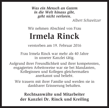 Traueranzeige von Irmela Rinck von KRZ
