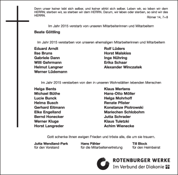 Traueranzeige von Gedenken an Verstorbene Rotenburger Werke von KRZ