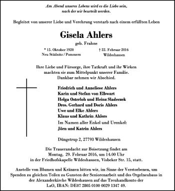 Traueranzeige von Gisela Ahlers von KRZ