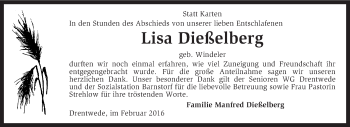 Traueranzeige von Lisa Dießelberg von KRZ