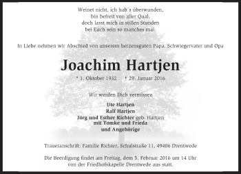 Traueranzeige von Jaochim Hartjen von KRZ