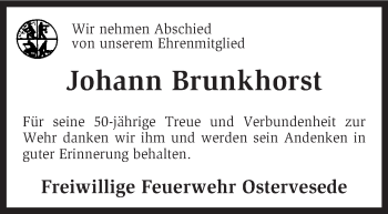 Traueranzeige von Johann Brunkhorst von KRZ