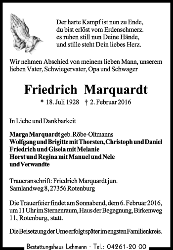 Traueranzeige von Friedrich Marquardt von KRZ