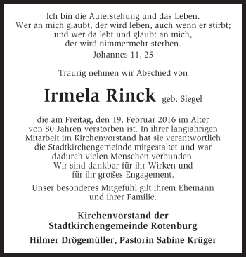 Traueranzeige von Irmela Rinck von KRZ