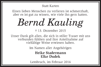 Traueranzeige von Bernd Kauling von KRZ