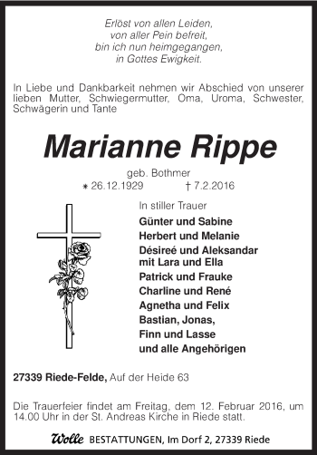 Traueranzeige von Marianne Rippe von KRZ