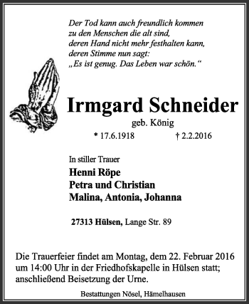 Traueranzeige von Irmgard Schneider von KRZ