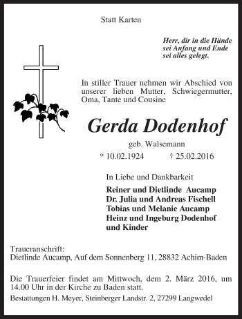 Traueranzeige von Gerda Dodenhof von KRZ