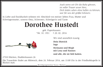 Traueranzeige von Dorothee Hustedt von KRZ