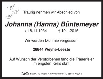 Traueranzeige von Johanna Büntemeyer von KRZ