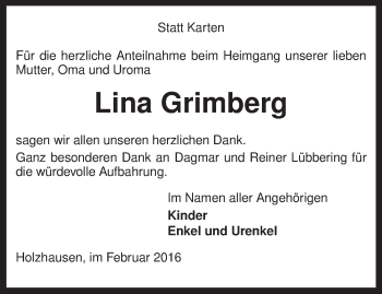 Traueranzeige von Lina Grimberg von KRZ