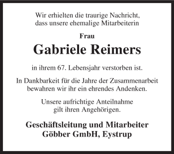 Traueranzeige von Gabriele Reimers von KRZ