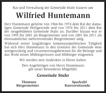 Traueranzeige von Wilfried Huntemann von KRZ