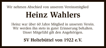 Traueranzeige von Heinz Wahlers von SYK