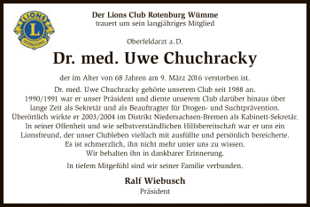 Traueranzeige von Uwe Chuchracky von SYK