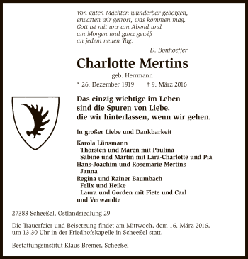 Traueranzeige von Charlotte Mertins von SYK