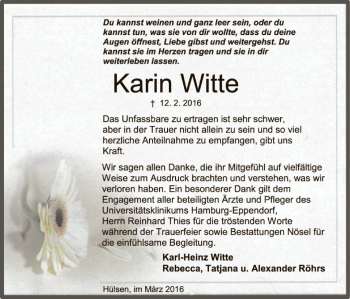 Traueranzeige von Karin Witte von SYK