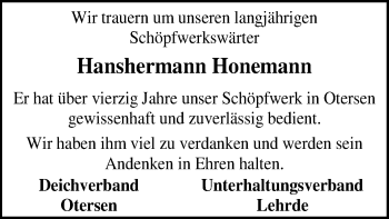 Traueranzeige von Hanshermann Honemann von SYK