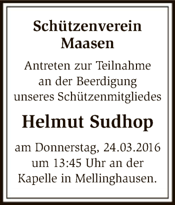 Traueranzeige von Helmut Sudhop von SYK