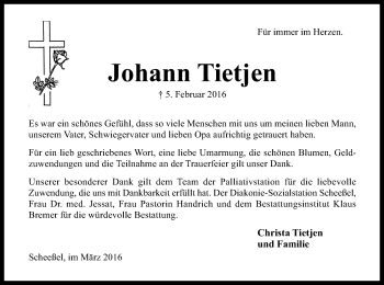 Traueranzeige von Johann Tietjen von SYK