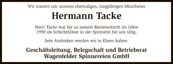 Traueranzeige von Hermann Tacke von SYK